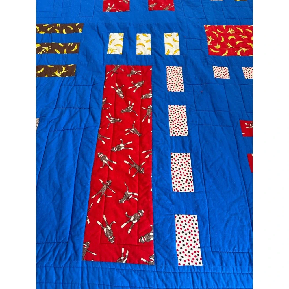 Large Handmade Sock Monkey Patchwork Quilt Blue Red Banana Theme Throw Blanket